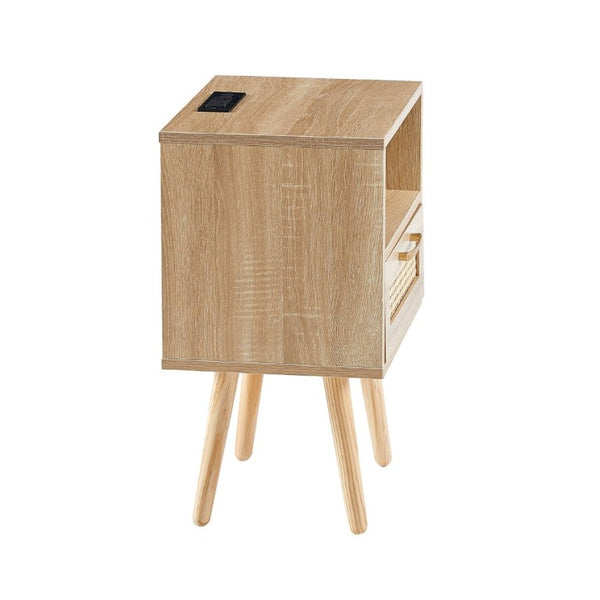 English Elm 15.75 Inch Woven Rattan End Table with USB Charging Solid Wood Legs Boho Bedside W126573116