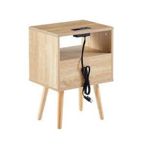 English Elm 15.75 Inch Woven Rattan End Table with USB Charging Solid Wood Legs Boho Bedside W126573116