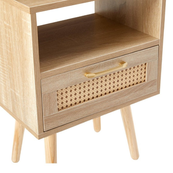 English Elm 15.75 Inch Woven Rattan End Table with USB Charging Solid Wood Legs Boho Bedside W126573116