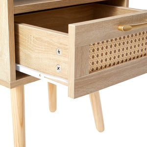 English Elm 15.75 Inch Woven Rattan End Table with USB Charging Solid Wood Legs Boho Bedside W126573116