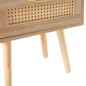 English Elm 15.75 Inch Woven Rattan End Table with USB Charging Solid Wood Legs Boho Bedside W126573116