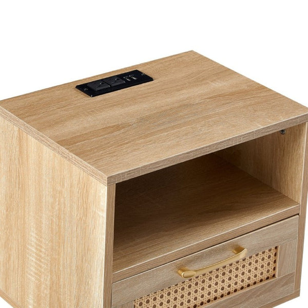 English Elm 15.75 Inch Woven Rattan End Table with USB Charging Solid Wood Legs Boho Bedside W126573116