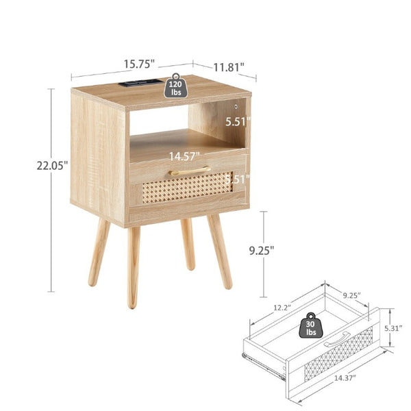 English Elm 15.75 Inch Woven Rattan End Table with USB Charging Solid Wood Legs Boho Bedside W126573116