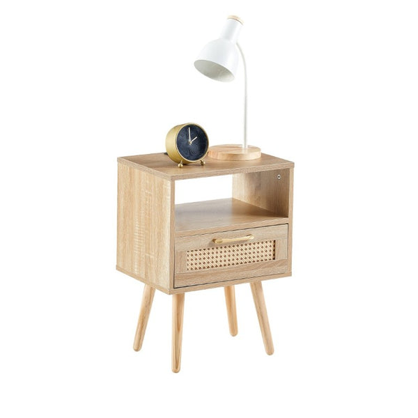 English Elm 15.75 Inch Woven Rattan End Table with USB Charging Solid Wood Legs Boho Bedside W126573116
