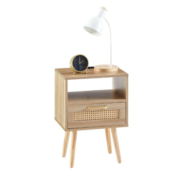 English Elm 15.75 Inch Woven Rattan End Table with USB Charging Solid Wood Legs Boho Bedside W126573116
