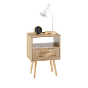 English Elm 15.75 Inch Woven Rattan End Table with USB Charging Solid Wood Legs Boho Bedside W126573116