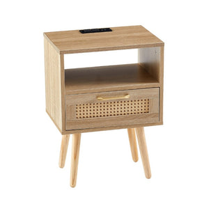 English Elm 15.75 Inch Woven Rattan End Table with USB Charging Solid Wood Legs Boho Bedside W126573116