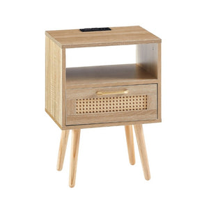 English Elm 15.75 Inch Woven Rattan End Table with USB Charging Solid Wood Legs Boho Bedside W126573116