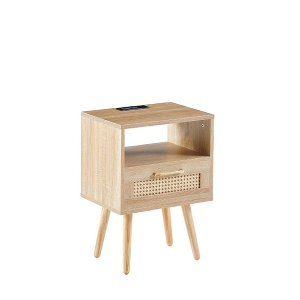 English Elm 15.75 Inch Woven Rattan End Table with USB Charging Solid Wood Legs Boho Bedside W126573116