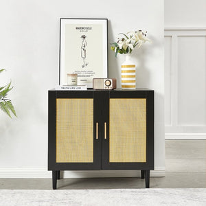 English Elm Side Panel Buffet with Handcrafted Rattan Doors Soft Close Shelves Organic Modern W1320138012