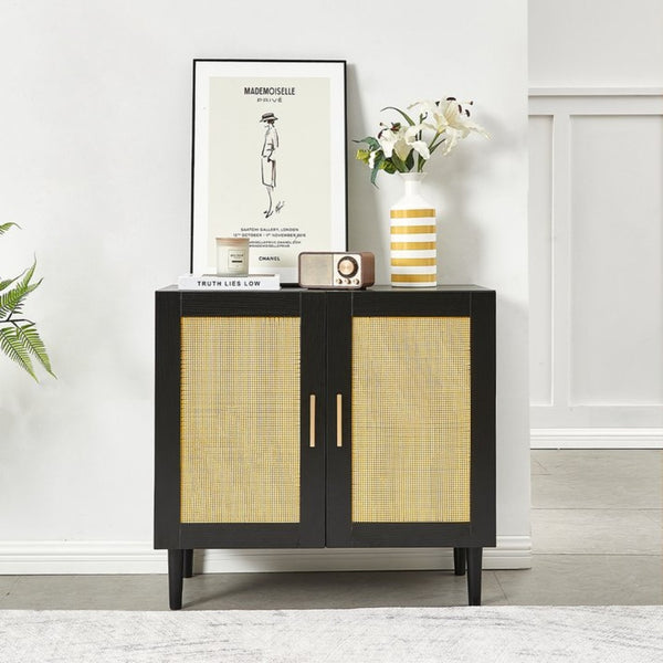 English Elm Side Panel Buffet with Handcrafted Rattan Doors Soft Close Shelves Organic Modern W1320138012