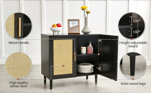 English Elm Side Panel Buffet with Handcrafted Rattan Doors Soft Close Shelves Organic Modern W1320138012