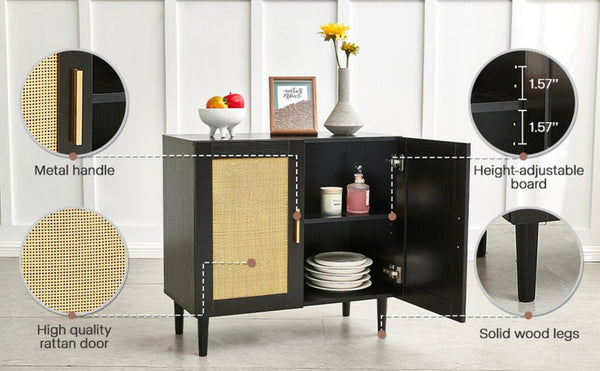 English Elm Side Panel Buffet with Handcrafted Rattan Doors Soft Close Shelves Organic Modern W1320138012