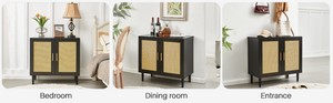 English Elm Side Panel Buffet with Handcrafted Rattan Doors Soft Close Shelves Organic Modern W1320138012