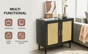 English Elm Side Panel Buffet with Handcrafted Rattan Doors Soft Close Shelves Organic Modern W1320138012