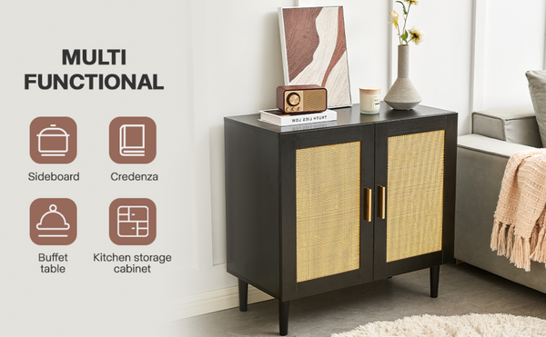 English Elm Side Panel Buffet with Handcrafted Rattan Doors Soft Close Shelves Organic Modern W1320138012
