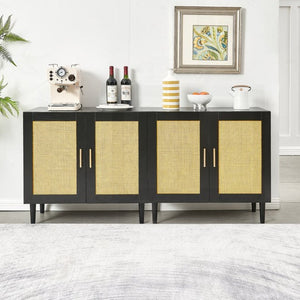 English Elm Side Panel Buffet with Handcrafted Rattan Doors Soft Close Shelves Organic Modern W1320138012