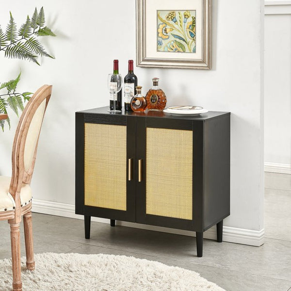 English Elm Side Panel Buffet with Handcrafted Rattan Doors Soft Close Shelves Organic Modern W1320138012