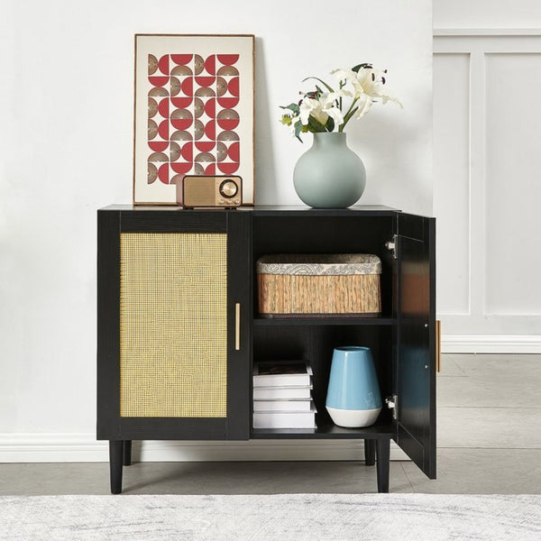 English Elm Side Panel Buffet with Handcrafted Rattan Doors Soft Close Shelves Organic Modern W1320138012