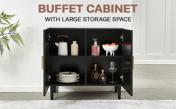 English Elm Side Panel Buffet with Handcrafted Rattan Doors Soft Close Shelves Organic Modern W1320138012