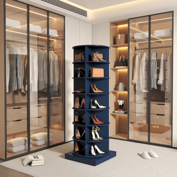 English Elm Blue Rotating Shoe Cabinet 7 Tier Spinning Organizer for Entryway Closet 28 Pairs W1320P165030