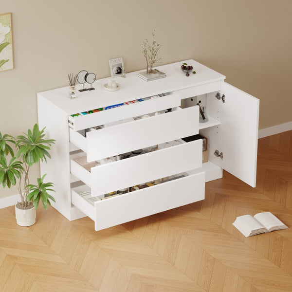 English Elm Wooden White Storage Cabinet with Four Hidden Drawers for Bedroom or Home Office W1320P242621