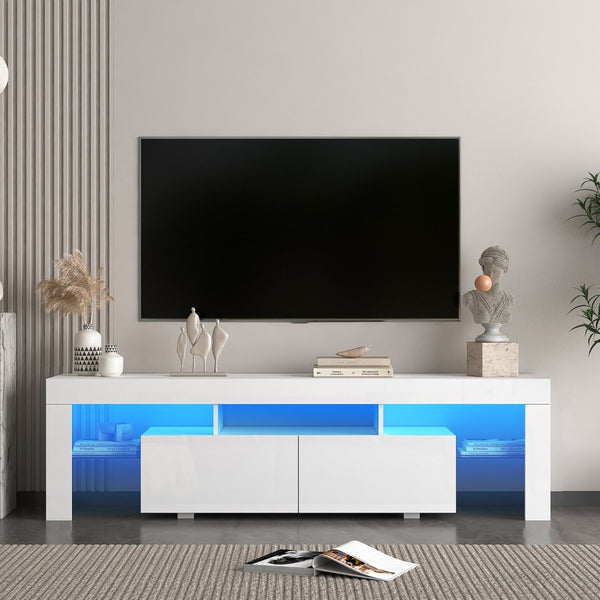 English Elm High Gloss White Tv Console with Led Ambiance Lighting and Concealed Media Storage W1321126651
