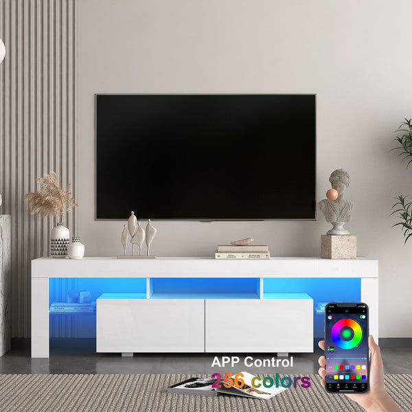 English Elm High Gloss White Tv Console with Led Ambiance Lighting and Concealed Media Storage W1321126651
