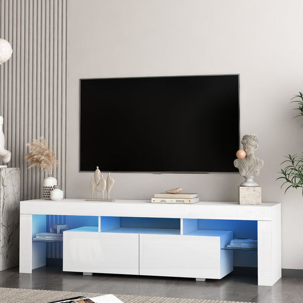 English Elm High Gloss White Tv Console with Led Ambiance Lighting and Concealed Media Storage W1321126651