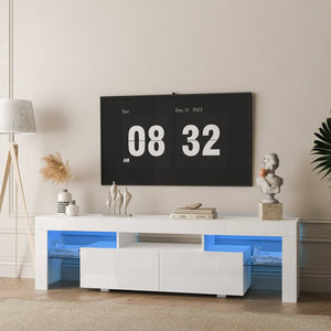 English Elm High Gloss White Tv Console with Led Ambiance Lighting and Concealed Media Storage W1321126651