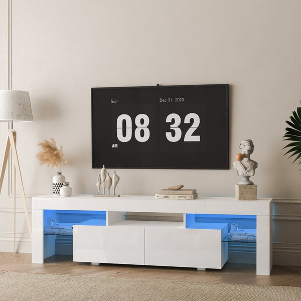 English Elm High Gloss White Tv Console with Led Ambiance Lighting and Concealed Media Storage W1321126651