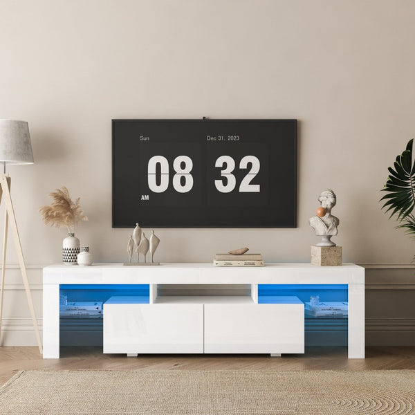 English Elm High Gloss White Tv Console with Led Ambiance Lighting and Concealed Media Storage W1321126651