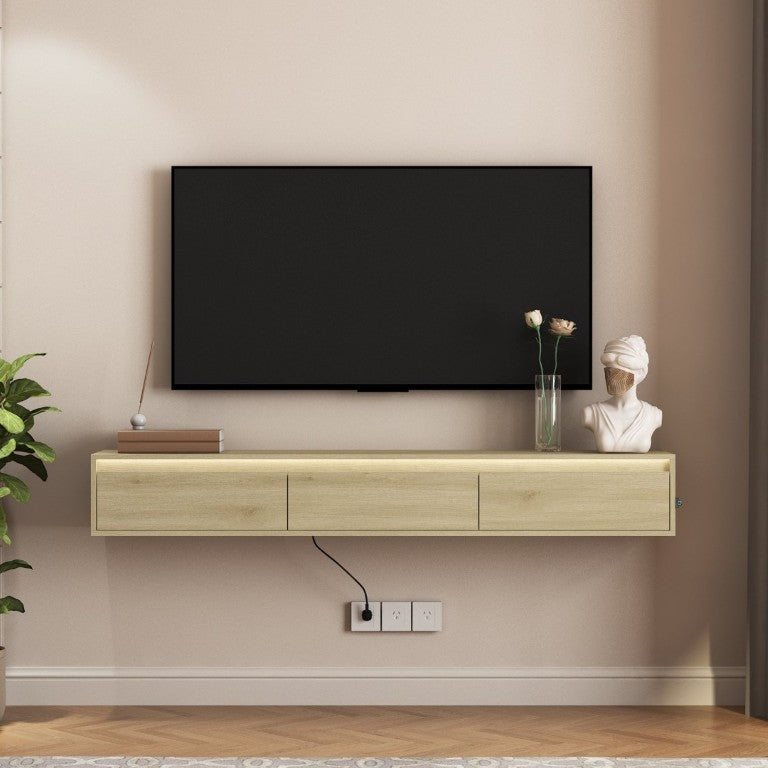 English Elm Floating Wall TV Cabinet with LED Lighting Built-In Power Strip and High Gloss Finish W1321P336559