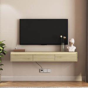 English Elm Floating Wall TV Cabinet with LED Lighting Built-In Power Strip and High Gloss Finish W1321P336559