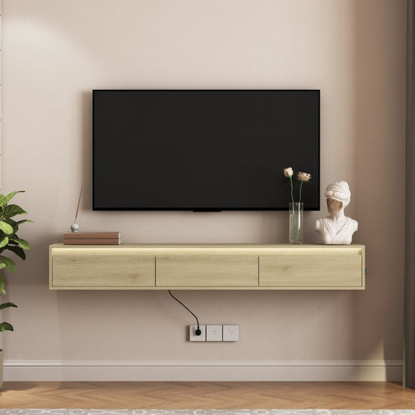English Elm Floating Wall TV Cabinet with LED Lighting Built-In Power Strip and High Gloss Finish W1321P336559