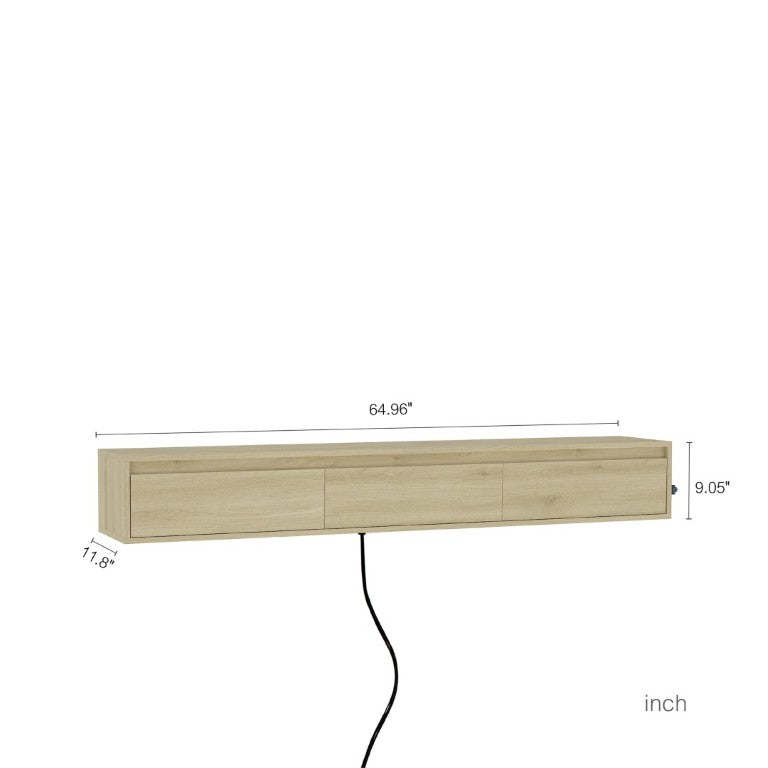 English Elm Floating Wall TV Cabinet with LED Lighting Built-In Power Strip and High Gloss Finish W1321P336559