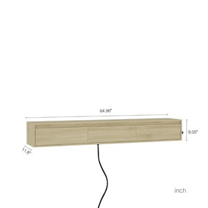 English Elm Floating Wall TV Cabinet with LED Lighting Built-In Power Strip and High Gloss Finish W1321P336559