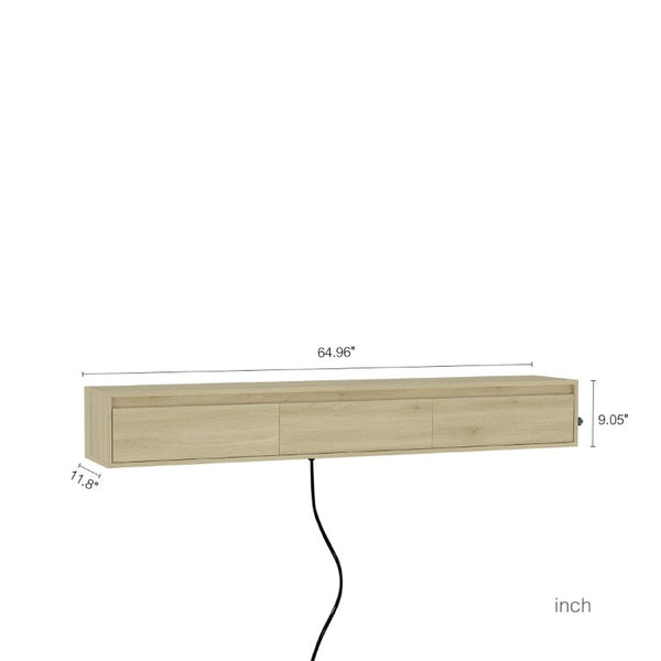 English Elm Floating Wall TV Cabinet with LED Lighting Built-In Power Strip and High Gloss Finish W1321P336559