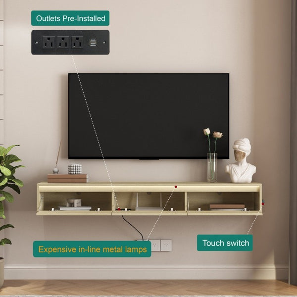 English Elm Floating Wall TV Cabinet with LED Lighting Built-In Power Strip and High Gloss Finish W1321P336559