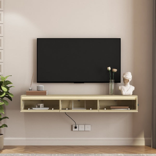 English Elm Floating Wall TV Cabinet with LED Lighting Built-In Power Strip and High Gloss Finish W1321P336559