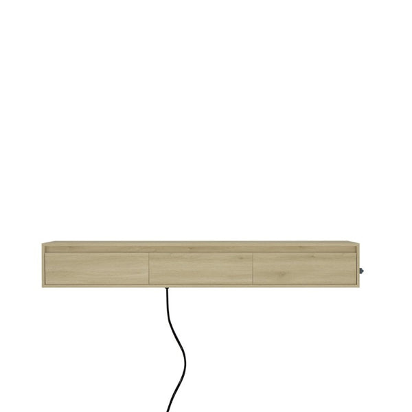 English Elm Floating Wall TV Cabinet with LED Lighting Built-In Power Strip and High Gloss Finish W1321P336559