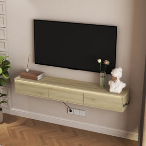 English Elm Floating Wall TV Cabinet with LED Lighting Built-In Power Strip and High Gloss Finish W1321P336559