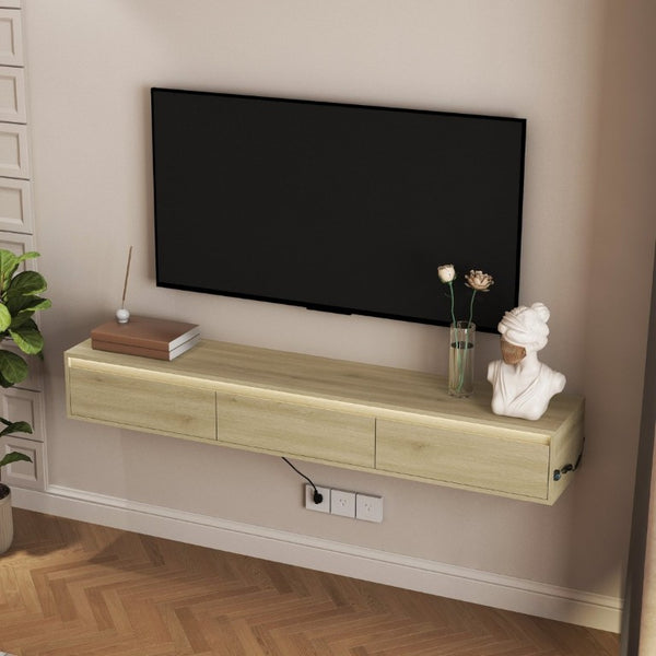 English Elm Floating Wall TV Cabinet with LED Lighting Built-In Power Strip and High Gloss Finish W1321P336559