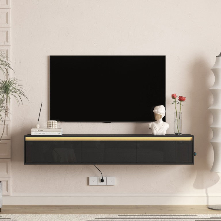 English Elm High-Gloss Floating TV Stand with LED Ambient Lighting and Built-In Power Station W1321P351853