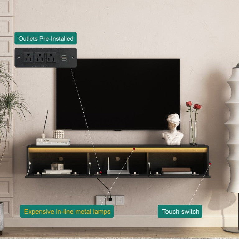 English Elm High-Gloss Floating TV Stand with LED Ambient Lighting and Built-In Power Station W1321P351853