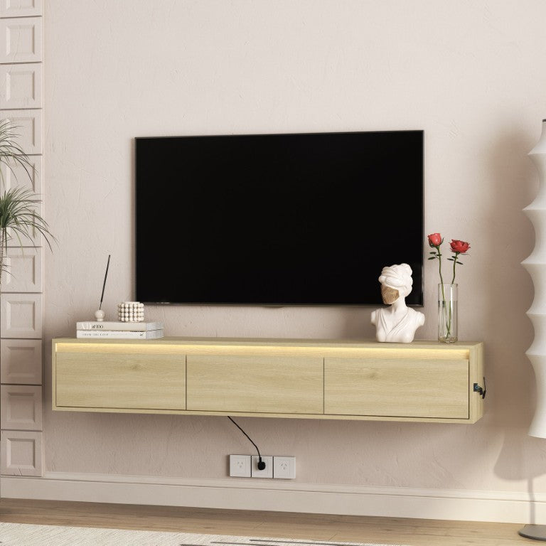 English Elm Floating Wall Mounted TV Shelf High Gloss Cabinet with LED Lighting and Power Strip W1321P351872