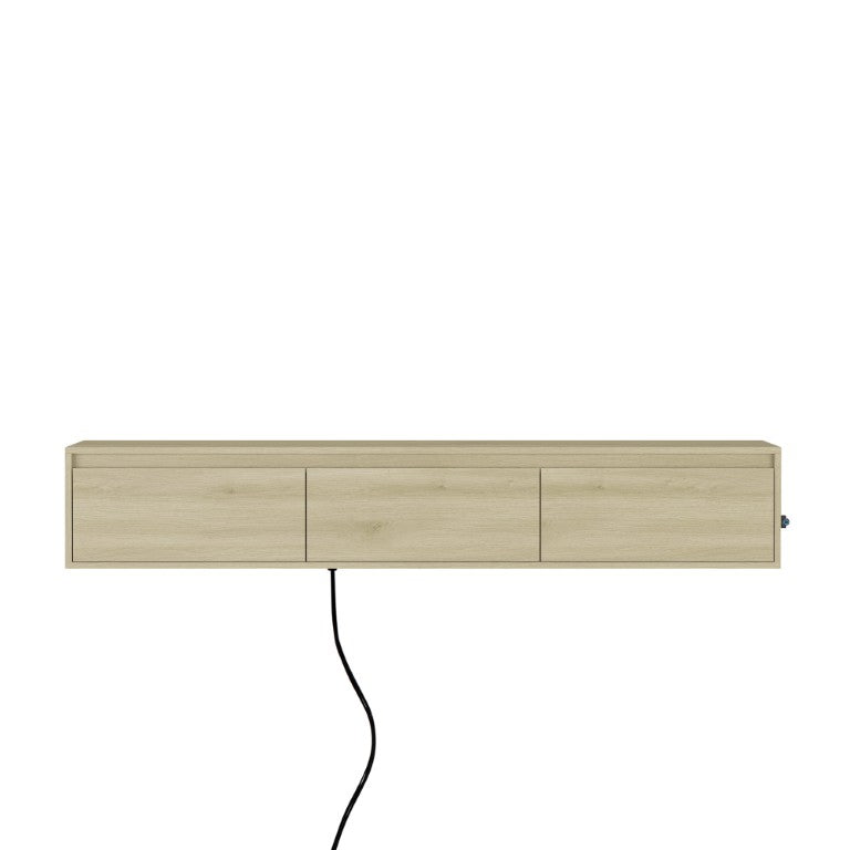 English Elm Floating Wall Mounted TV Shelf High Gloss Cabinet with LED Lighting and Power Strip W1321P351872
