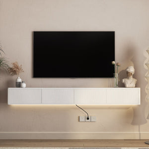 English Elm Floating Wall Mounted Media Shelf with Led Lighting Power Outlet High Gloss Living Room White W1321P409035