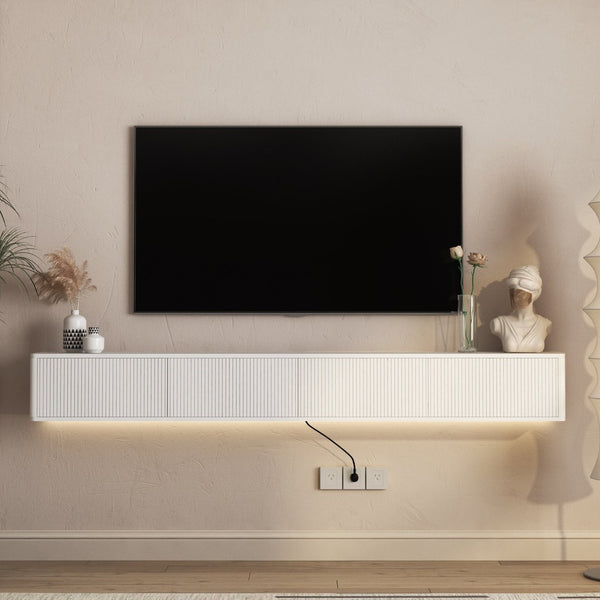 English Elm Floating Wall Mounted Media Shelf with Led Lighting Power Outlet High Gloss Living Room White W1321P409035