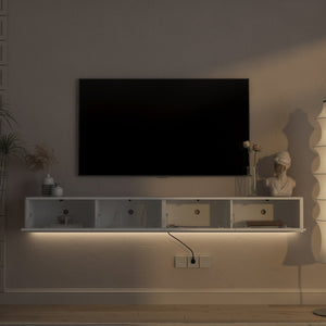 English Elm Floating Wall Mounted Media Shelf with Led Lighting Power Outlet High Gloss Living Room White W1321P409035
